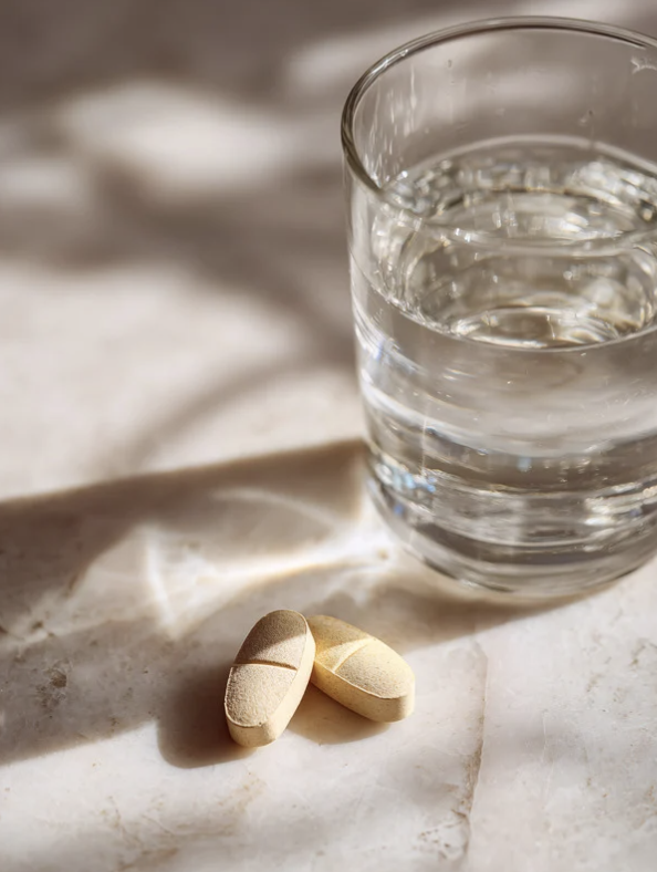 Daily wellness routine setup with supplements and clock, highlighting consistent magnesium use for brain balance.
