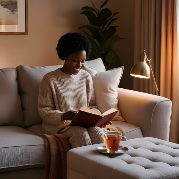 Person relaxing in dim evening light, symbolizing magnesium’s role in promoting calm and restorative rest.
